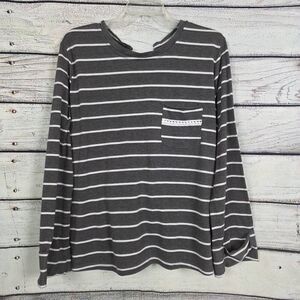 Umgee Gray White Stripe Lace-Up Back Long Sleeve Top L